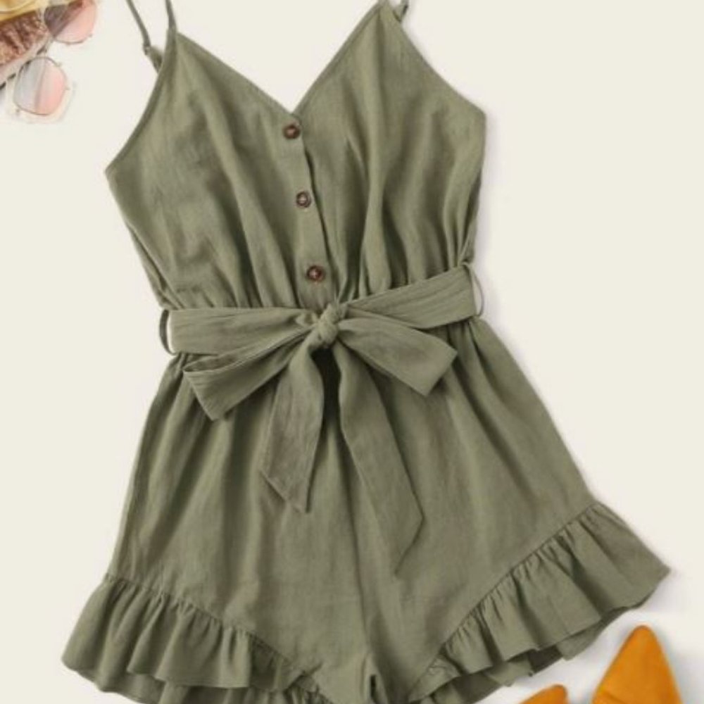 Button - Front Belted Ruffled Cami Romper